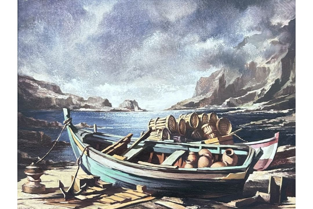 DOMINGO HUETOS (SPANISH, 1928-2005): FISHING BOATS ASHORE Oil on board ...