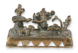 A 19TH C SOUTH INDIAN SMALL BRASS SHRINE SHOWING GANESH, NANDI, ANAPURNA AND A SHIVALINGAM