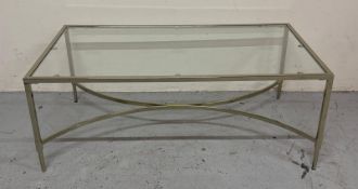 A brass glass topped coffee table with U shaped stretcher (H45cm W120cm D70cm)
