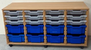 A school style mixed tray storage unit with coloured trays 136cm x 47cm x Height 70cm