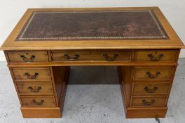 Yew style pedestal writing desk with leather top (H76cm x 123cm x 62cm)