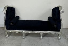 Blue velvet and silver baroque style chaise longue (H107cm W197cm D66cm) Condition Report burn marks