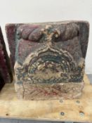 Two carved stone pilar bases painted in blue and red H32cm W38cm D18cm