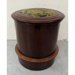 A cylindrical mahogany stepped commode with a needlework top and lidded ceramic insert Height 45cm x