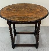 Oak side table with scalloped edge and barley twist legs (H57cm x 43cm x 60cm)