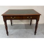 Victorian mahogany writing table with a green tooled leather top and brass handles (W120cm x D51cm x