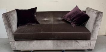 A grey velvet three seater sofa with button back, grey piping and stud detail (SH40cm H72cm W198cm