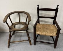 A child's potty chair on turned legs and a child rush seated armchair