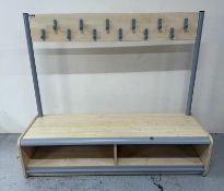 A single sided cloakroom bench with coat hooks and storage under H120cm W140cm D47cm