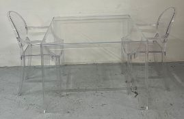 Kartell invisible light Tokujinyoshiok ghost table, along with two ghost acrylic chairs H73cm