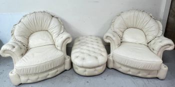 Mid Century cream leather chairs with shaped back and button foot rest Condition Report light marks