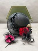 A Harrods hat in box plus two fascinators