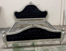 Louis style kingsize bed, silver and blue velvet and crystal buttoning (H160cm W230cm D210cm)