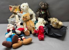 A selection of cuddly toys to include Popeye and Oliva Oil