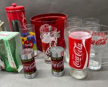 A collection of Coca Cola collectables including ice bucket (no lid), glasses and salt and pepper