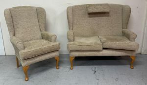 A beige two-seater sofa and matching armchair (H109cm W120cm D60cm) Condition Report some marks