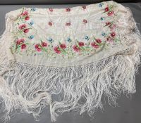A white silk floral embroidered shawl