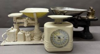 Three sets of vintage kitchen scales in black and white