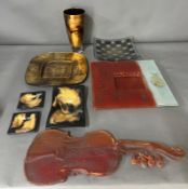 A collection of Art glass platters and a glass violin