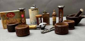 A collection of vintage kitchen ware including King Set tin opener