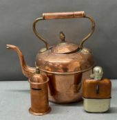 A copper kettle together with a copper money box and hip flash