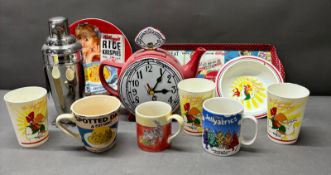 A collection of novelty breakfast items, including teapot and cups