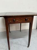 Mahogany Pembrooke table with drawers on tapered legs and brass castors (H70cm W76cm D50cm)