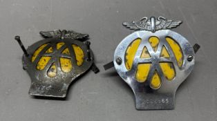 Two vintage enamel AA car badges
