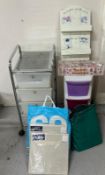 Two storage trolleys, fairy lights and packets of folding storage boxes etc