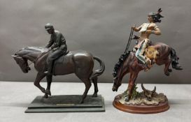 Two ornamental horses, a jockey and a Native American