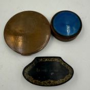 Three curios to include, a snuff box, compact and blue enamel topped compact.