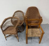 Three wicker children's chairs together with a rush seated chair