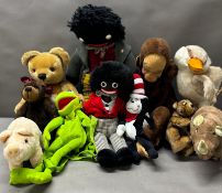 A collection of Plush toys of various makers and ages to include Kermit the Frog, Merrythought teddy