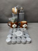 Collective lot: Cinnamon scented tealights, two glass bottles with covers, two dog themed ceramic