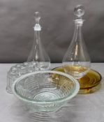 A selection of glassware to include two Distington crystal decanters, a jelly mould and yellow