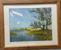 An oil painting of a lakeside scene signed lower right 81cm x 65cm