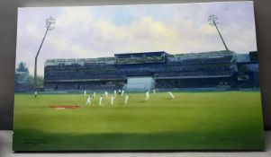 A stretched canvas print titled Top Of The World, England win at Edgeloston 86cm x 51cm signed by