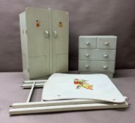 A dolls bedroom set comprising of a chest of drawers, wardrobe and high chair by Traing