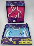 Neon LED wall lights, new, a unicorn and a game controller.