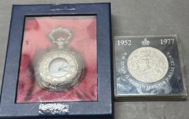A fishing pocket watch together with a silver Jubilee coin