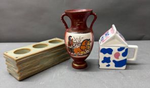 A collective ceramic lot to include: an Oat Milk lidded mug, an ancient Greek themed vase and a