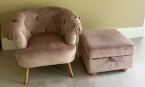 A pink tub chair and foot stool