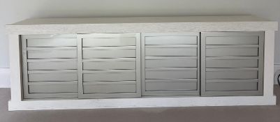 Contemporary low profile unit with slatted grey sliding doors H80cm W250cm D50cm