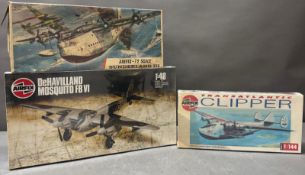 Three Airfix model kits, a Transatlantic Clipper, a Havillaid Mosquite and a Sunderland III
