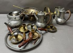 A selection of mixed metal items to include a pewter tea set, EPNS and brass
