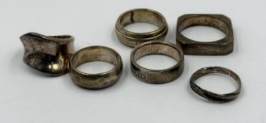 A selection of six silver rings, various makers and styles, approximate weight of 30g