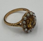 A 9ct gold citrine and seed pearl ring approximate weight 3.7g and size N