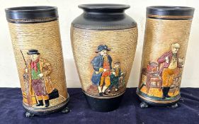 Three Bretby Art pottery vases from the Dickensian Wares series featuring scenes from Charles