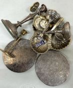 A selection of white metal and silver-plated items, including candlesticks, serving dishes etc