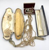 A selection of pearl themed jewellery to include necklaces double and single strand, bracelet etc,
